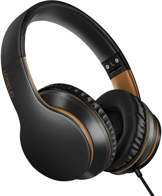 X6 Over-Ear Headphones with Microphone, Lightweight Foldable & Portable Stereo Bass with 1.45M No-Tangle Wired for Smartphone Tablet MP3/4 (Black-Gold)