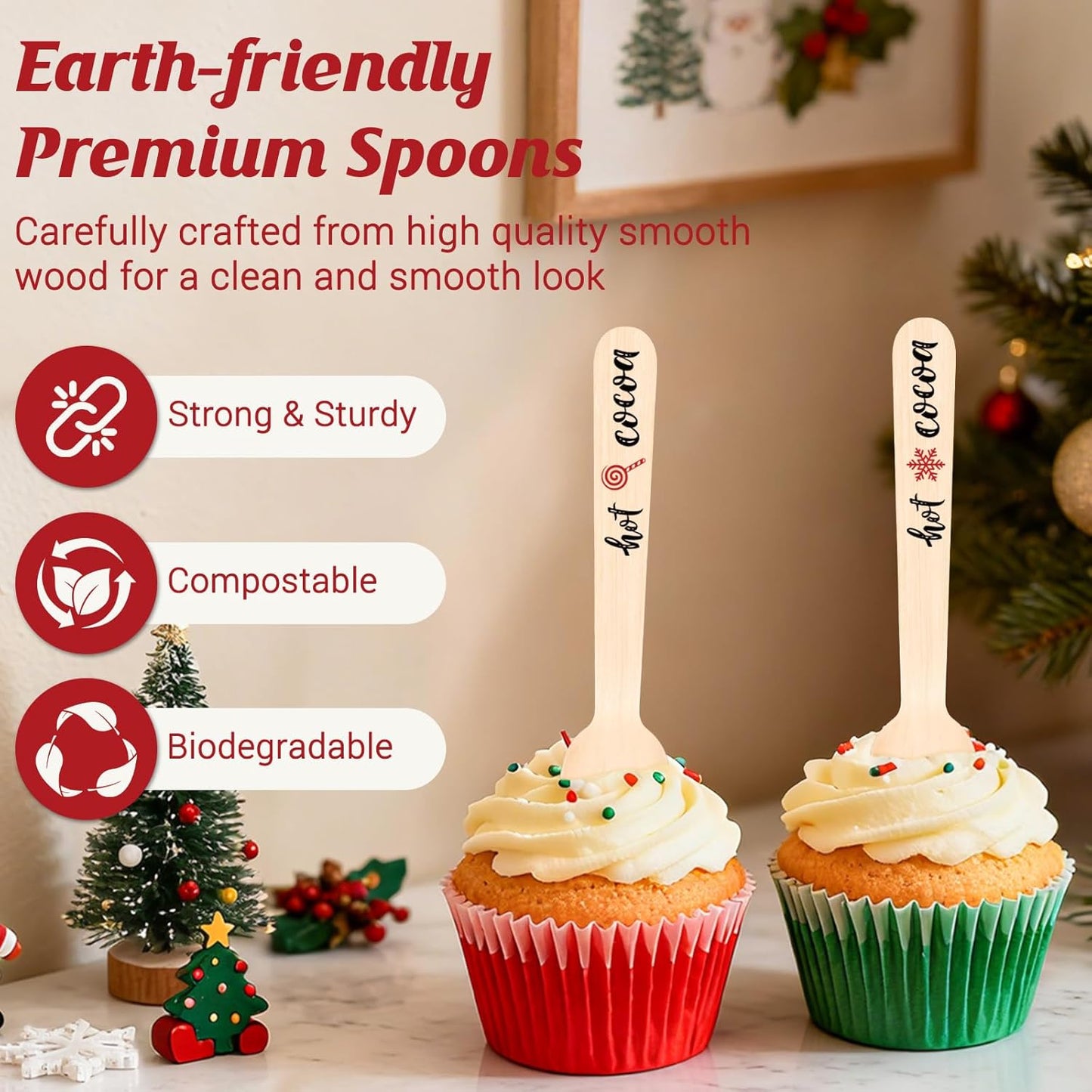 100 Pcs Hot Cocoa Bar Spoons, Wooden Chocolate Spoons for Hot Cocoa Coffee Cake Ice Cream