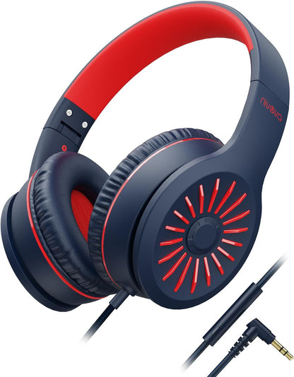 Wired Headphones with Microphone, K16 On-Ear Headphones for Kids with 3.5MM Jack, Foldable Stereo Bass Headphones for Teens School Amazon Kindle, Fire, Chromebook, Tablet(Dark Blue Red)