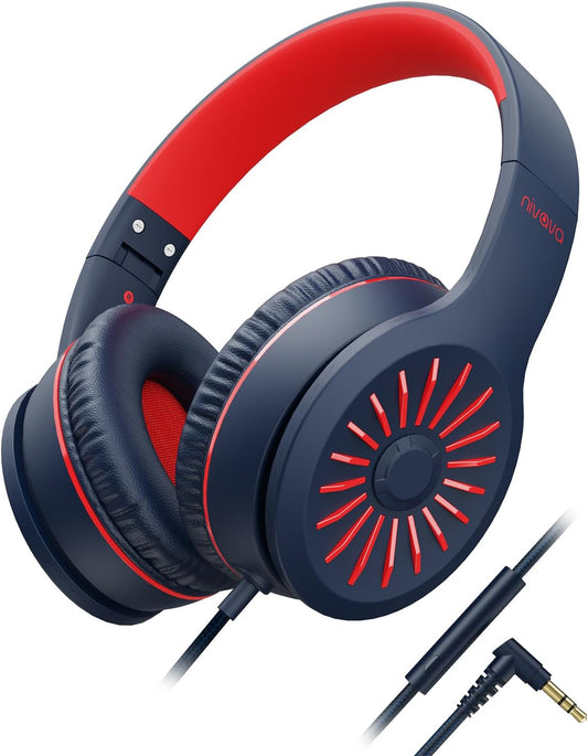 Wired Headphones with Microphone, K16 On-Ear Headphones for Kids with 3.5MM Jack, Foldable Stereo Bass Headphones for Teens School Amazon Kindle, Fire, Chromebook, Tablet(Dark Blue Red)