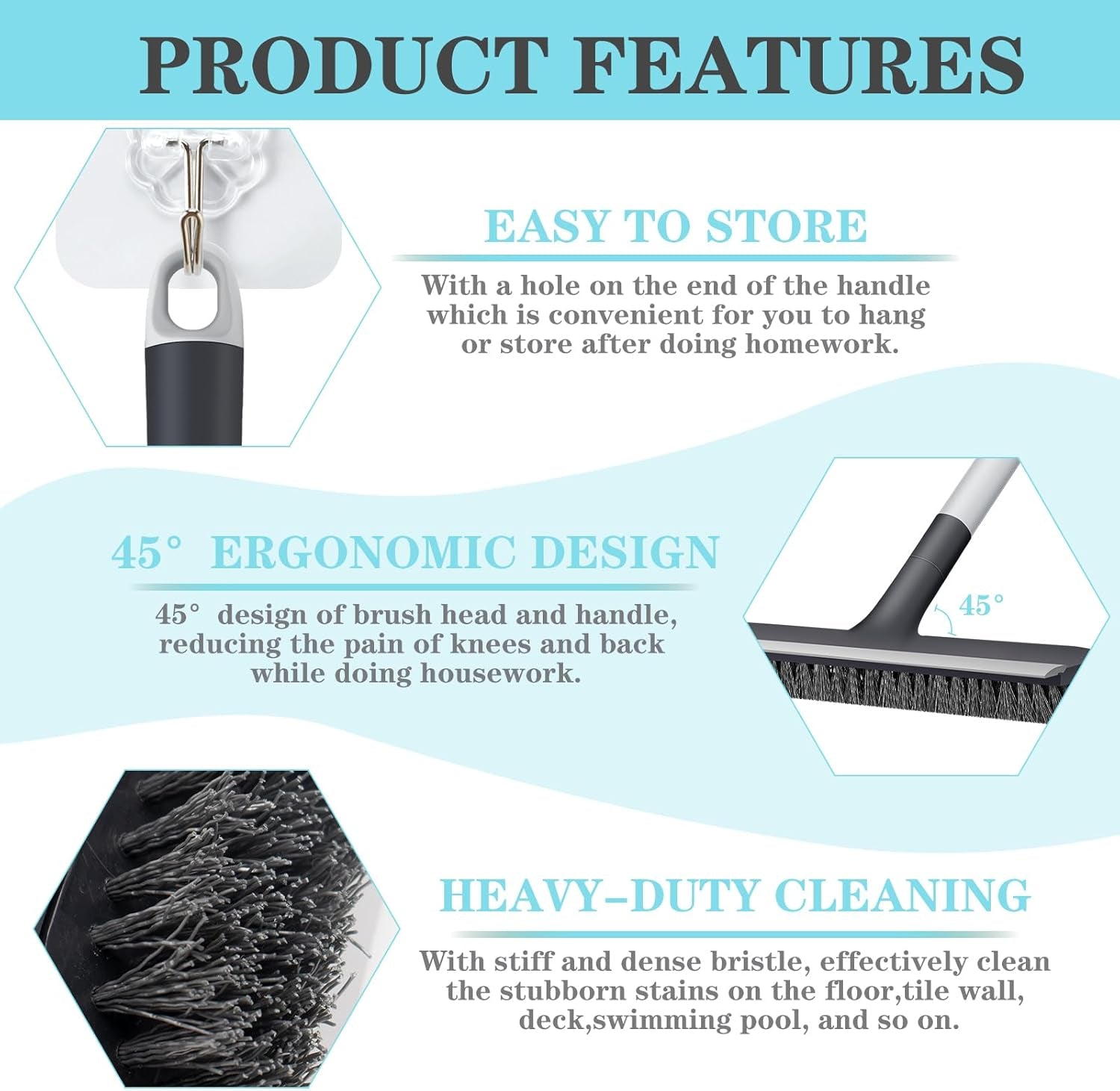 Floor Scrub Brush with Long Handle - Adjustable Handle 2 in 1 Scrape and Heavy-Duty Stiff Bristle Floor Scrubber Brush for Cleaning Bathroom, Kitchen Patio Tile Garage and Deck