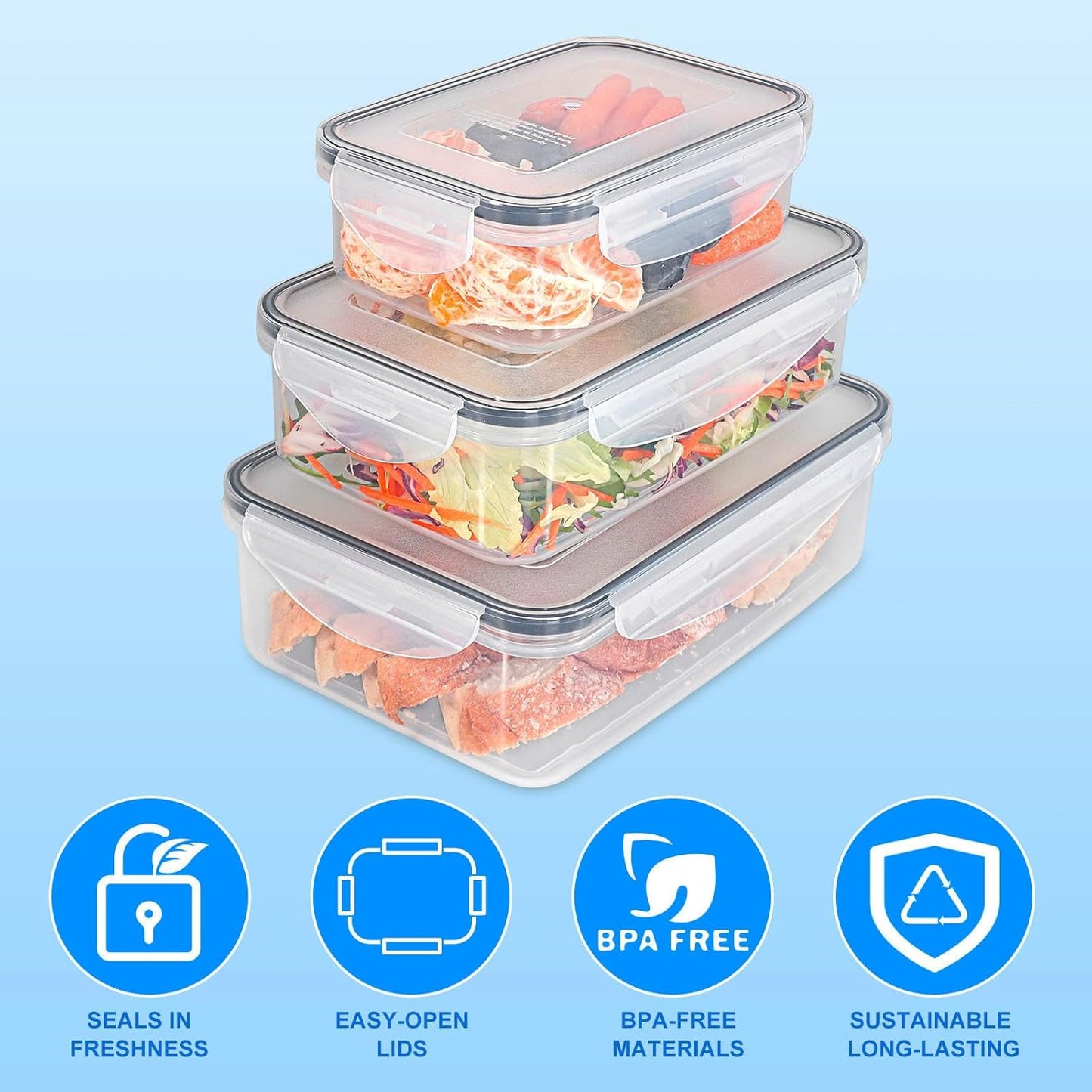 [3 Pcs] Food Storage Containers with Lids Airtight - Bpa-Free, 100% Leak-Proof,Meal Prep Containers for Kitchen Storage and Organization, Dishwasher & Microwave, Freezer Safe(Rectangle)