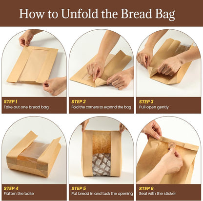 100 Pack Paper Bread Bags for Homemade, Bread Bags with Window for Sourdough Bread Storage, 13.7X8.3X3.5 Inch, Includes Seal Stickers