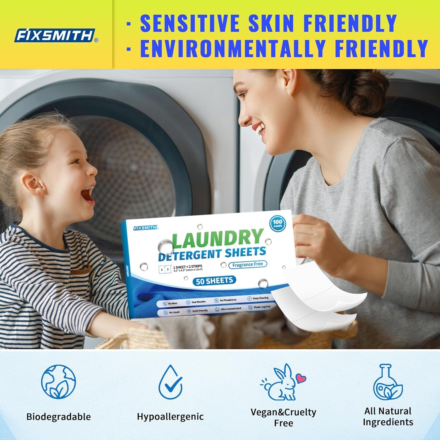 Laundry Detergent Sheets - 100 Loads (50 Sheets) Fragrance Free - Hypoallergenic,Unscented,Eco Friendly Laundry Detergent Strips Concentrated Travel Detergent Sheets.Plastic-Free,Liquidless