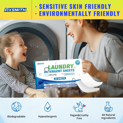 Laundry Detergent Sheets - 100 Loads (50 Sheets) Fragrance Free - Hypoallergenic,Unscented,Eco Friendly Laundry Detergent Strips Concentrated Travel Detergent Sheets.Plastic-Free,Liquidless