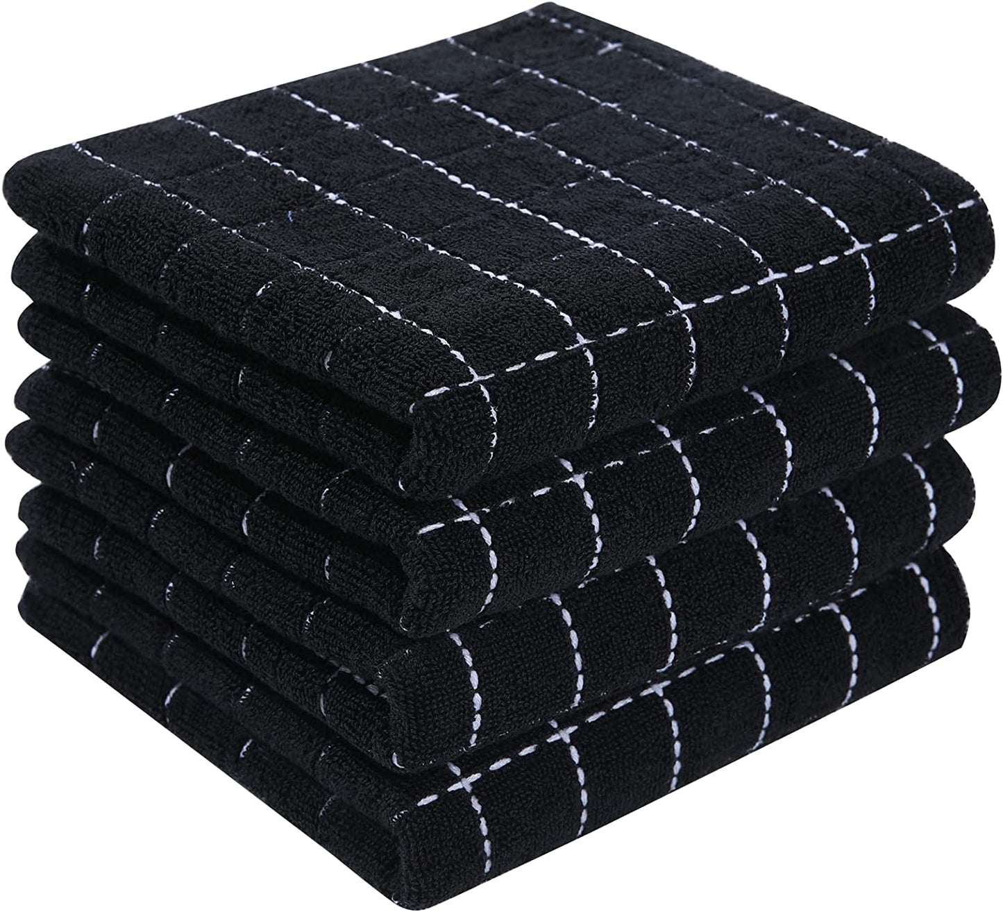 Kitchen Towels - 16 Pack Cotton Terry Checkered Black 13 X 28 Inches & 12 Pack Coral Velvet 10 X 10 Inches Grey
