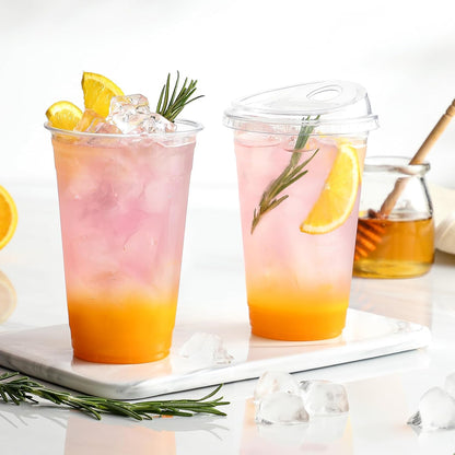100 Pack - Clear 16 Oz Plastic Cups with Lids, Disposable Iced Coffee Cups with Lids for Party Drinks, Bubble Tea and Cold Beverage, BPA Free & Food Safe