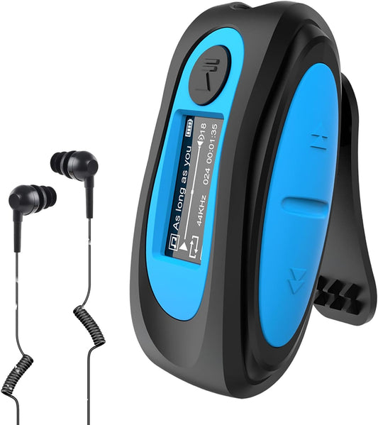 IPX8 Waterproof Mp3 Player with Screen, Multi-Functional Clip Music Player with Waterproof Headphones for Surfing Swimming Water Sports