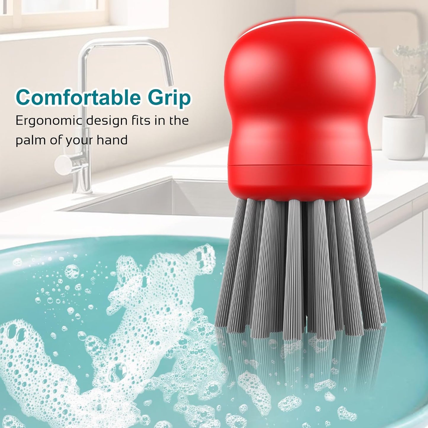 Mini Dish Brush for Cleaning Chicken Shredder, Palm Brush Dish Scrubber with Ergonomic Grip, Kitchen Brush for Washing Dishes, Pans, Pots, Sink, 1 Pack (Red)