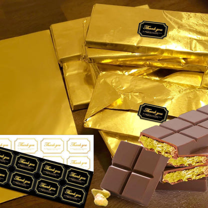 Large Dubai Chocolate Bar Pistachio Wrappers Packaging with Stickers, 100Pcs 10 Inch Chocolate Bar Gold Aluminum Foil Wrapper