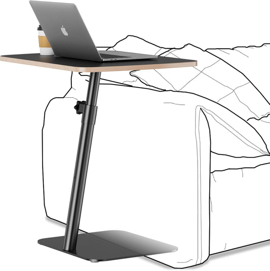 Height Adjustable End Table - Small Couch Side Table for Small Spaces Modern C Shaped Bedside End Table That Slide Under, Black Wood Laptop TV Tray Table with Metal Base, Living Room Bathroom Home Use