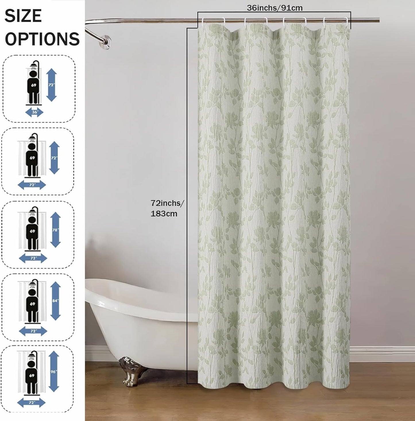 Yellow Green Stall Shower Curtain, Floral Crinkled Soft Fabric Shower Curtain for Bathroom, Modern Farmhouse Textured Cute Boho Bath Decor, Machine Washable, 36Wx72L Inches