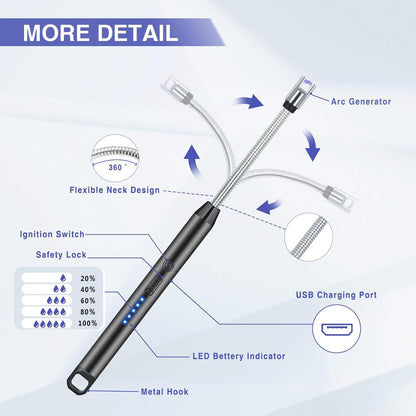 2 PCS Candle Lighter, Electric Lighter Arc Windproof Flameless with 360° Flexible Neck & LED Power Display, Lighters for Candle for BBQ, Grill, Camping, Fireplace, Stove