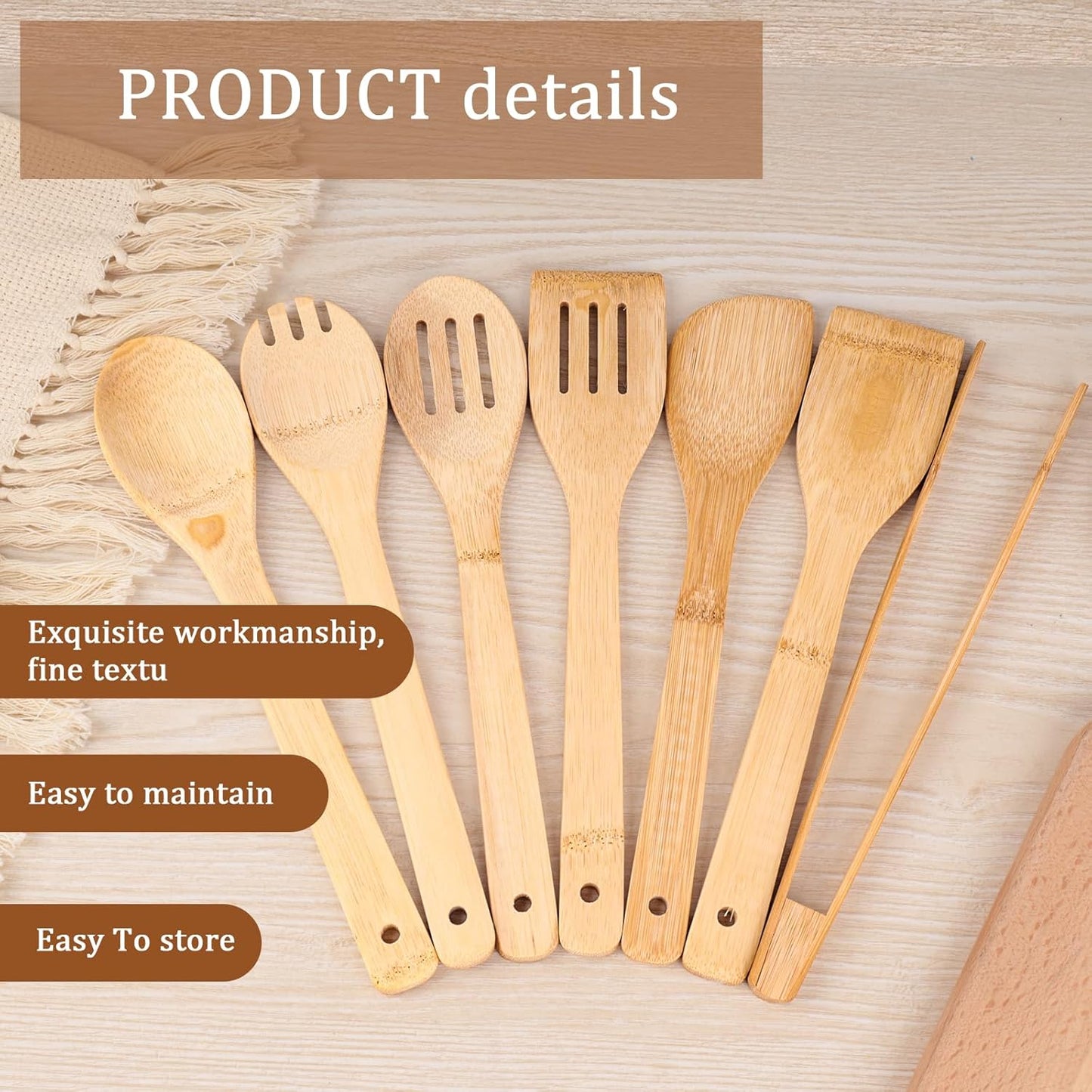 Wooden Utensils Set for Cooking, 7PCS Bamboo Kitchen Utensils Spatulas Spoons Tong for Stirring Serving Mixing Tossing Tasting