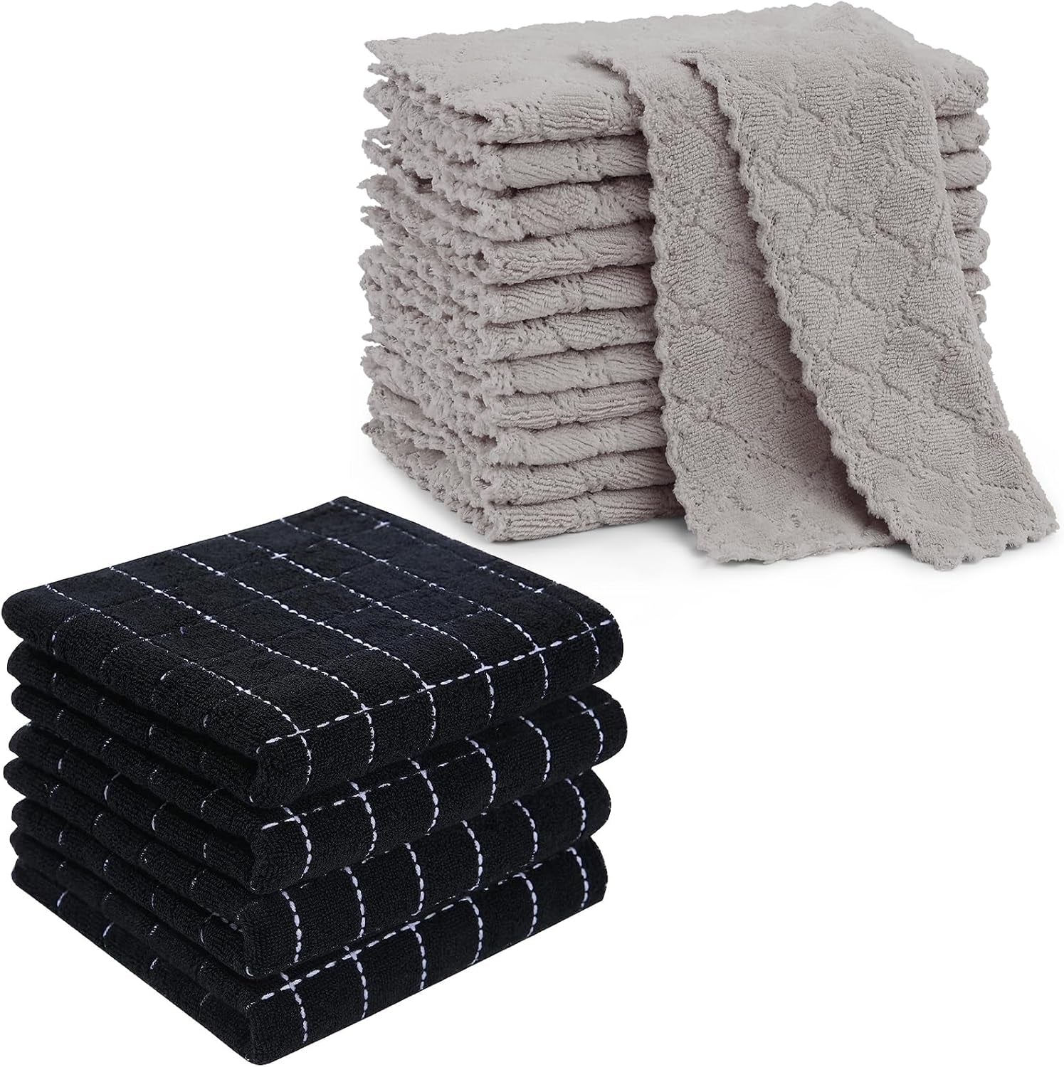 Kitchen Towels - 16 Pack Cotton Terry Checkered Black 13 X 28 Inches & 12 Pack Coral Velvet 10 X 10 Inches Grey