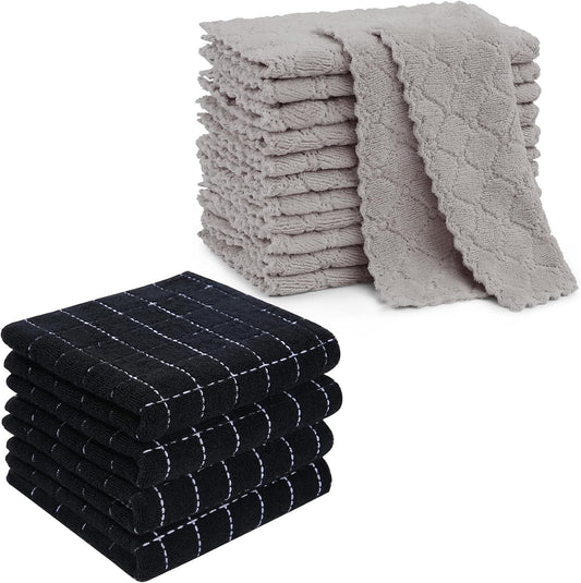 Kitchen Towels - 16 Pack Cotton Terry Checkered Black 13 X 28 Inches & 12 Pack Coral Velvet 10 X 10 Inches Grey