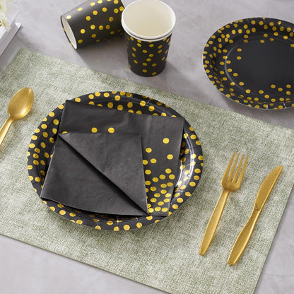 Black and Gold Dot Paper Plates Set, 175 PCS Party Supplies, Disposable Dinnerware Set for 25 Guests, Gold Dot Paper Plates Napkins Cups Gold Plastic Forks Knives Spoons for Wedding Festival