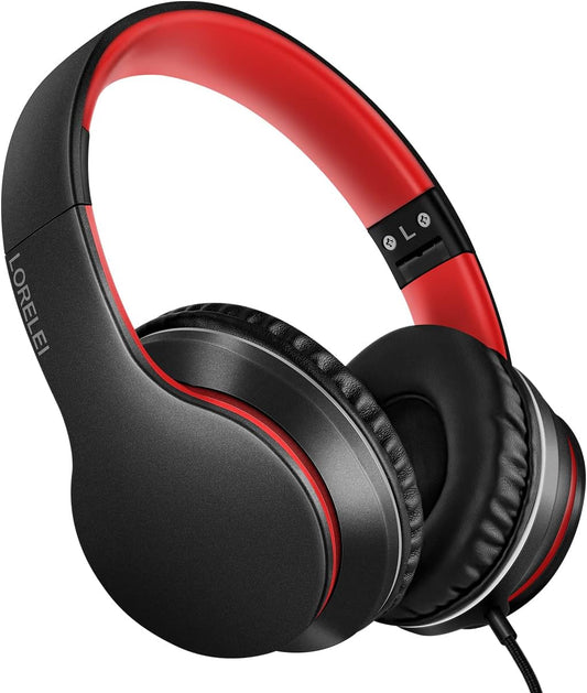 X6 Over-Ear Headphones with Microphone, Lightweight Foldable & Portable Stereo Bass Headphones with 1.45M No-Tangle,Wired Headphones for Smartphone Tablet MP3 / 4 (Black-Red)