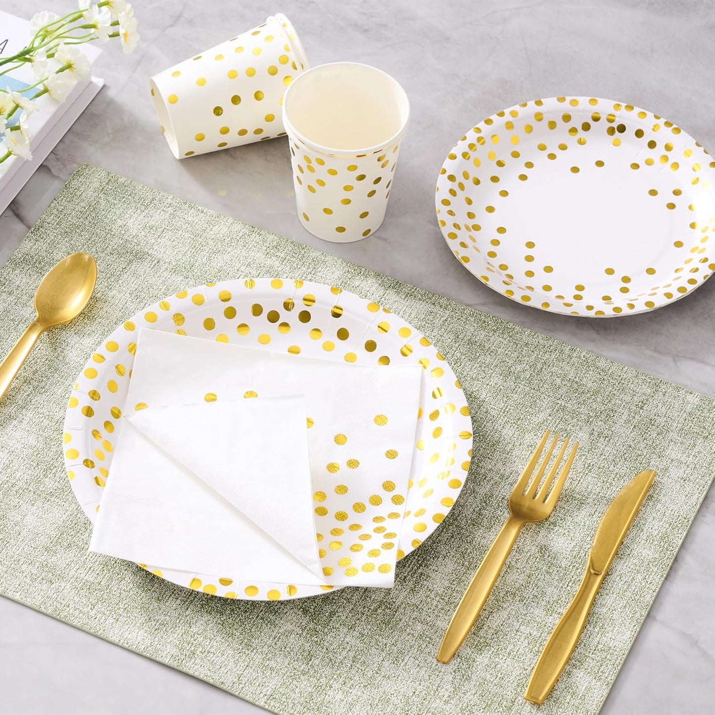 White and Gold Dot Paper Plates Set, 175 PCS Party Supplies, Disposable Dinnerware Set for 25 Guests, Gold Dot Paper Plates Napkins Cups Gold Plastic Forks Knives Spoons for Wedding Festival