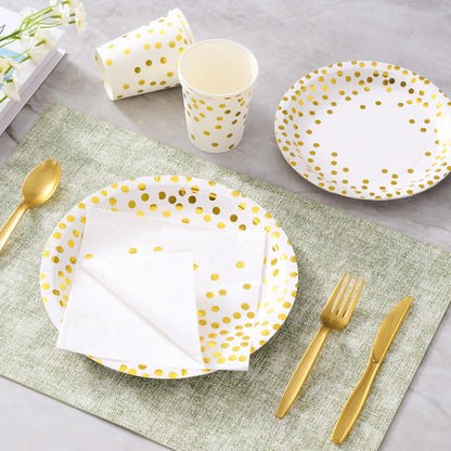 White and Gold Dot Paper Plates Set, 175 PCS Party Supplies, Disposable Dinnerware Set for 25 Guests, Gold Dot Paper Plates Napkins Cups Gold Plastic Forks Knives Spoons for Wedding Festival