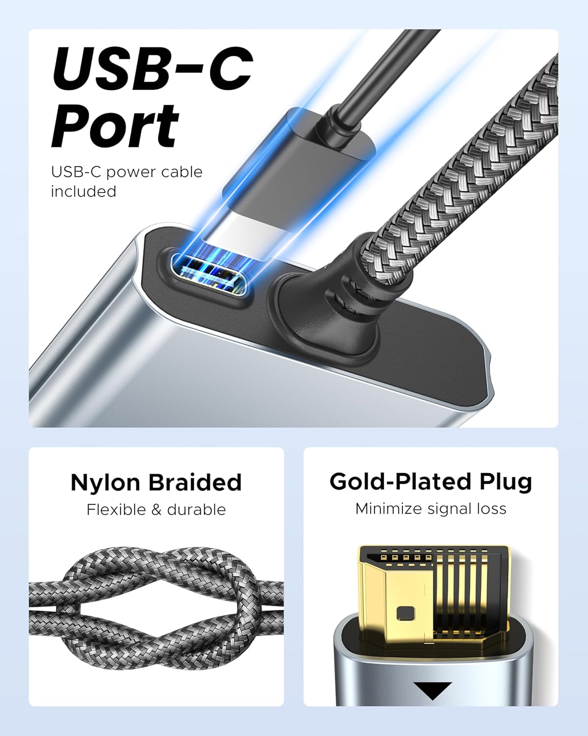 HDMI Splitter 4K, Display Mirror Same Screen Only (Not Extend Screen), HDMI Splitter 1 in 2 Out [USB-C Powered, Metal Shell, 3.3 Ft Braided Cable], 1X2 for Dual Monitors, Grey-4K UHD
