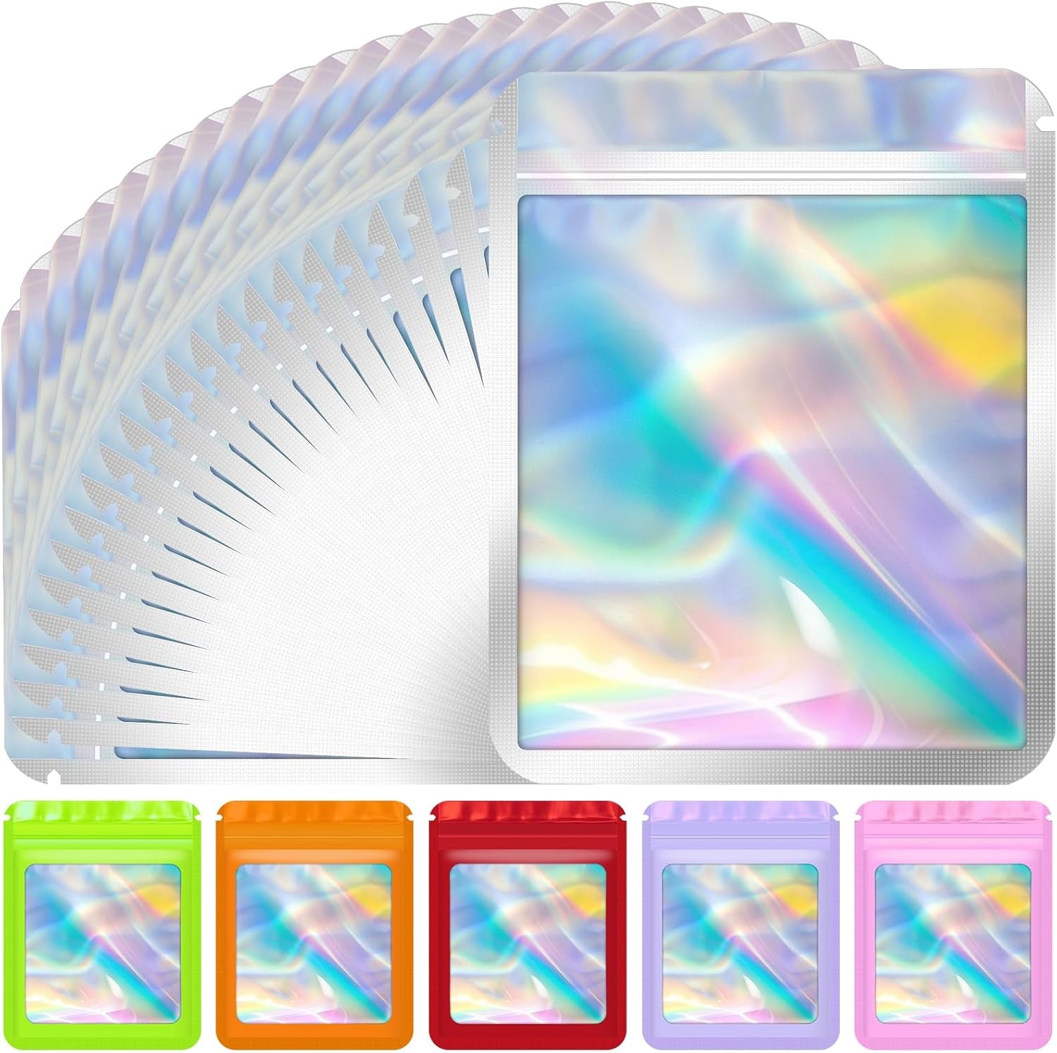 100 Pcs Mylar Bags, Resealable Holographic Bags, Sealable Packaging Bag for Small Business, Freshie Supplies, Candy Sample Jewelry Product Bag, Foil Pouch (3×3 Inch, Holographic)