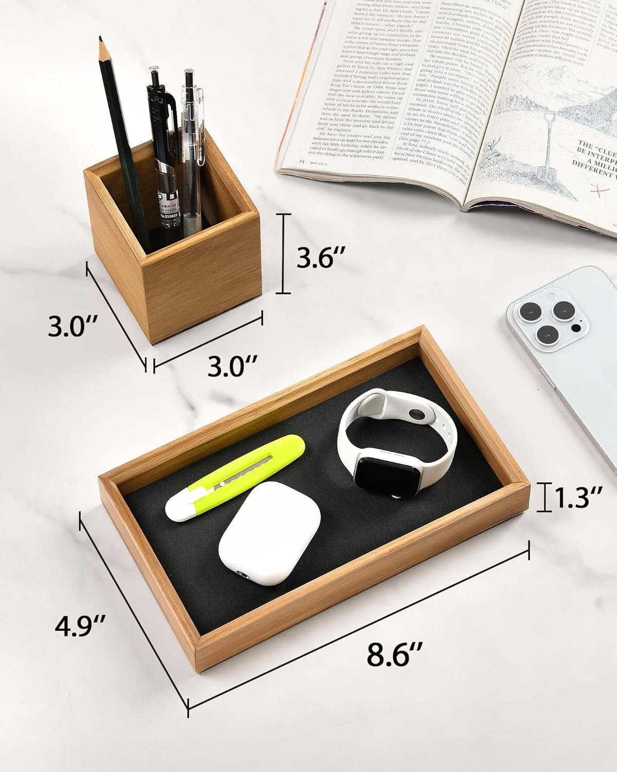 Wooden Desk Organizer Tray with Pen Holder, Non-Slip Desk Tray and Pencil Holder Set with Felt Lined, Desktop Accessories for Home Office Workspace Organization