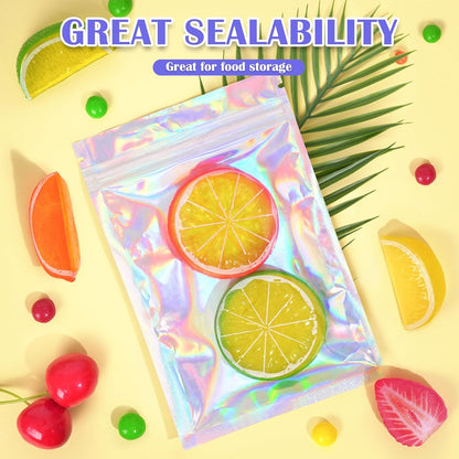 100 Pcs Resealable Mylar Bags, Smell Proof Goodie Bags with Clear Window, Small Holographic Bags for Halloween, Gift, Candy, Bracelet, Keychain, Treat, Product, Sealable Plastic Bags