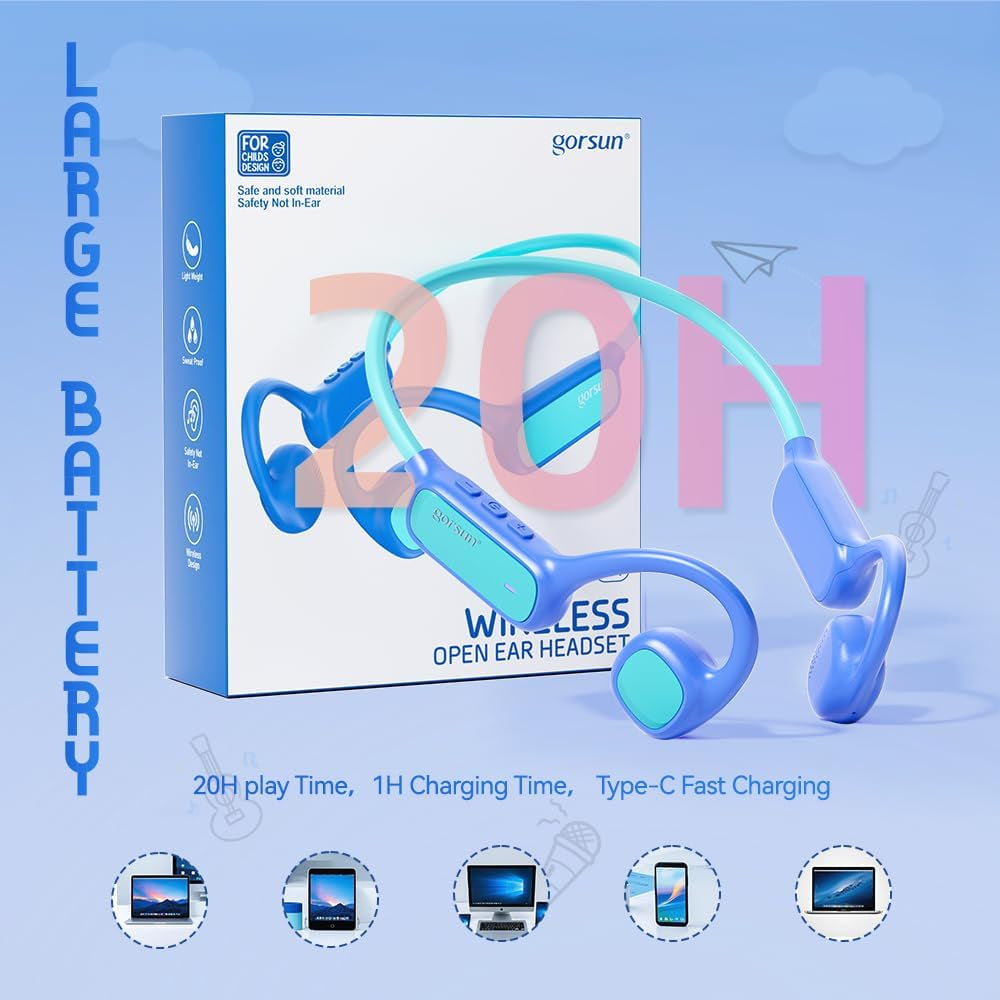 Kids Headphones, Bluetooth 5.3 Air Conduction Open Ear Headphones, 85Db Volume Limited, with Mic, IPX5 Waterproof, 360° Bending, 20H Playtime, Kids Headphones Wireless for Ipad/Sports (Blue)