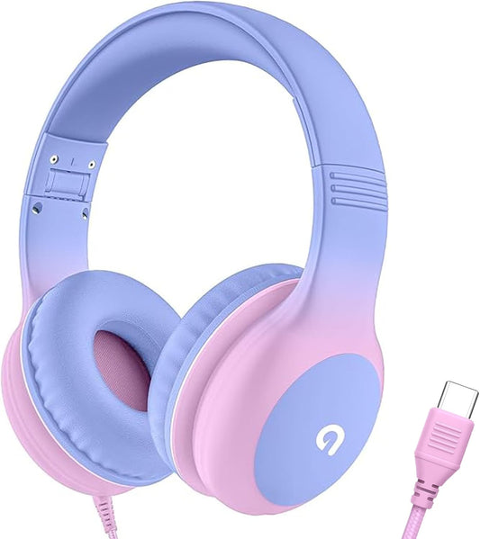 Wired Kids Headphones with USB C Plug, 85Db Volume Limiting Safe Hearing Protection, Adjustable Headband, Tangle-Free Cord Headphones for School, Tablet, Travel(Gradient Purple)