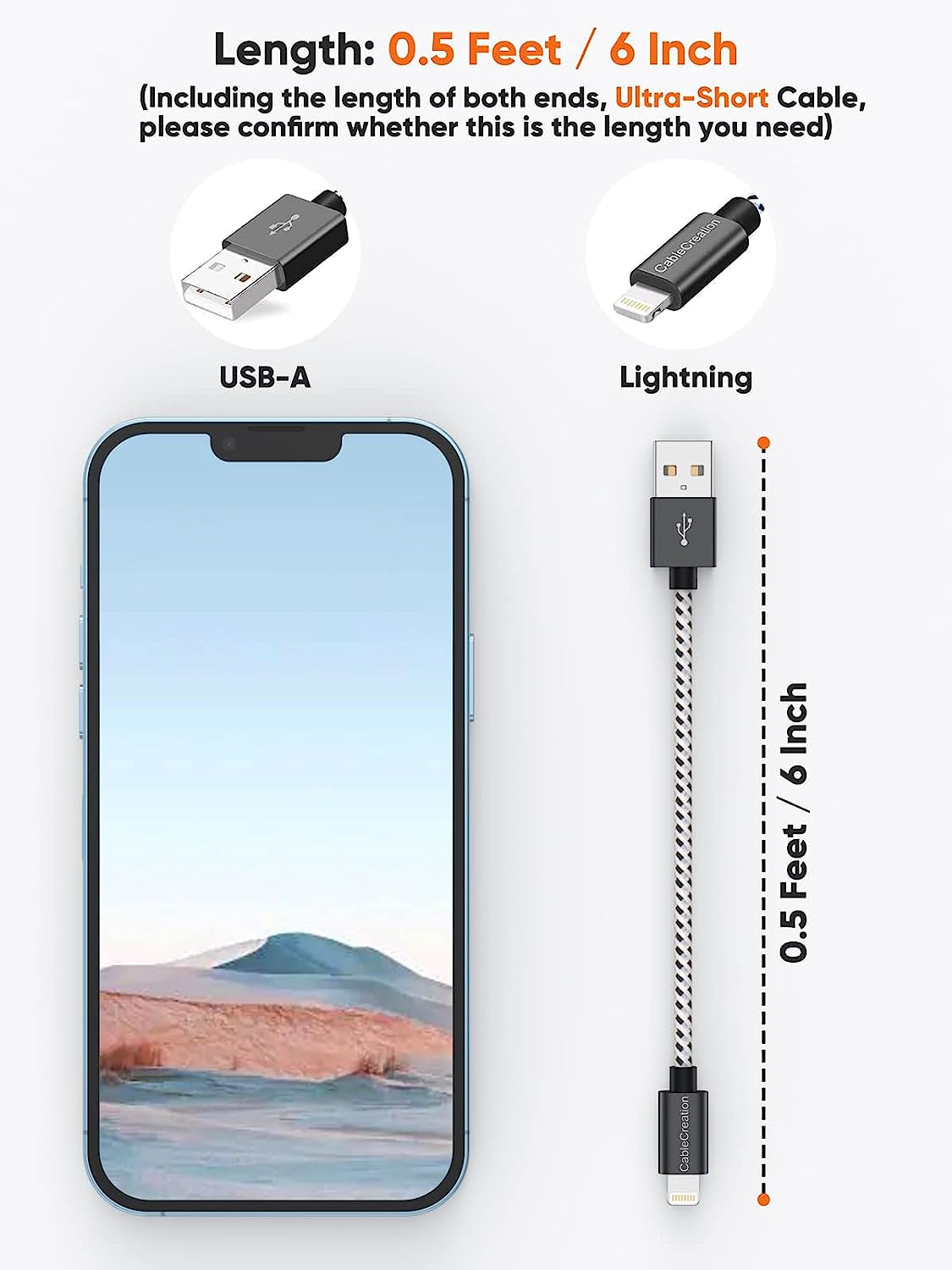0.5 Feet Short Iphone Charger Cable, [Mfi Certified] Lightning to USB Data Sync Cord, Compatible with Iphone 14/14 Pro, Airpods Pro, Iphone 13/13 Pro/12, Ipad Pro, Air, 0.15M Black&White