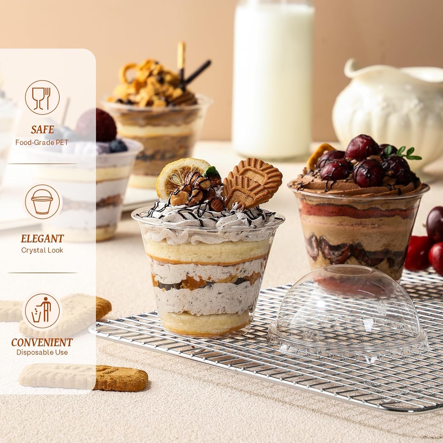 50 Sets, 9 Oz Clear Plastic Cups with Dome Lids (No Hole) - Disposable Cups for Ice Cream,Cake,Fruit,Parfait, Dessert, Pudding and Jello Shot