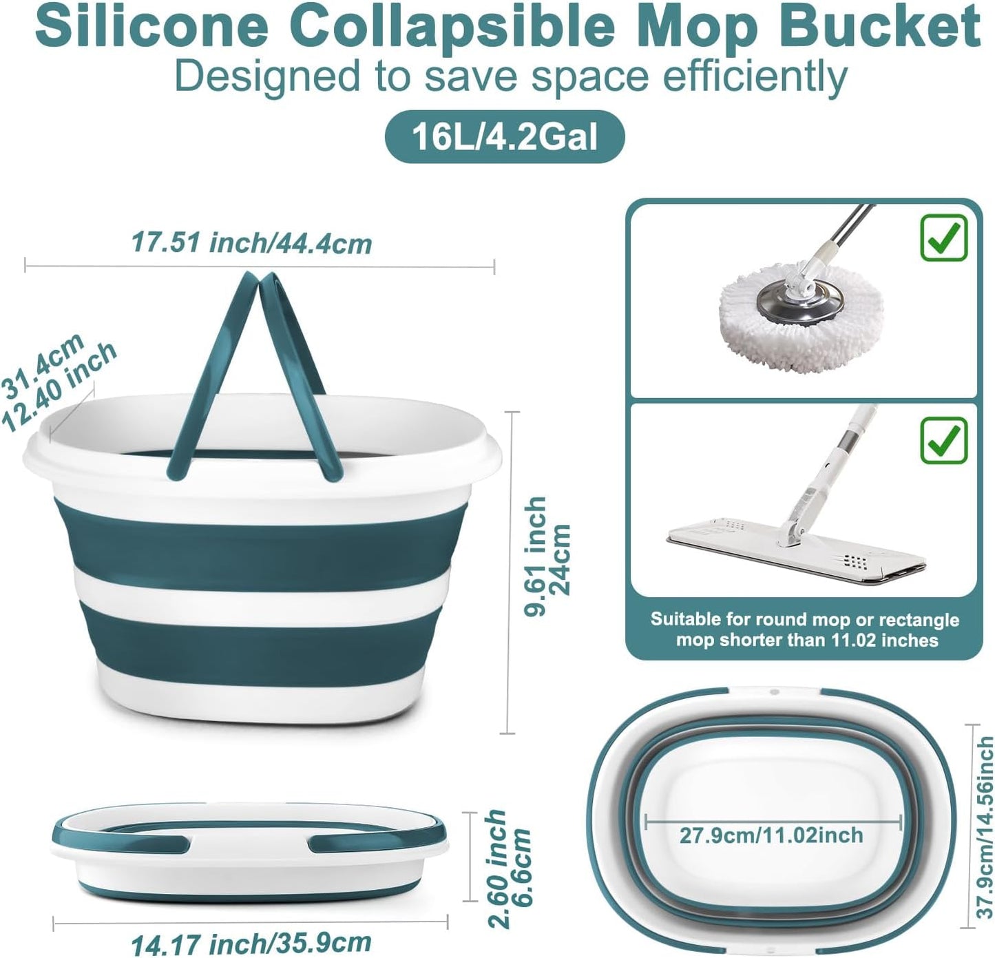 Collapsible Bucket for Cleaning, 16L Mop Bucket with Handle for Floor Window Car Washing, Silicone Ice Buckets for Parties Camping Fishing Beach, RV Laundry Storage Household Cleaning Supplies