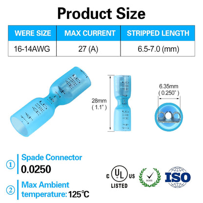 100 PCS 16-14 AWG Waterproof Heat Shrink Quick Disconnect Connectors, Crimp Electrical Wire Female Spade Connectors Insulated Disconnect for Marine Automotive Motorcycle Home Wiring (Blue)