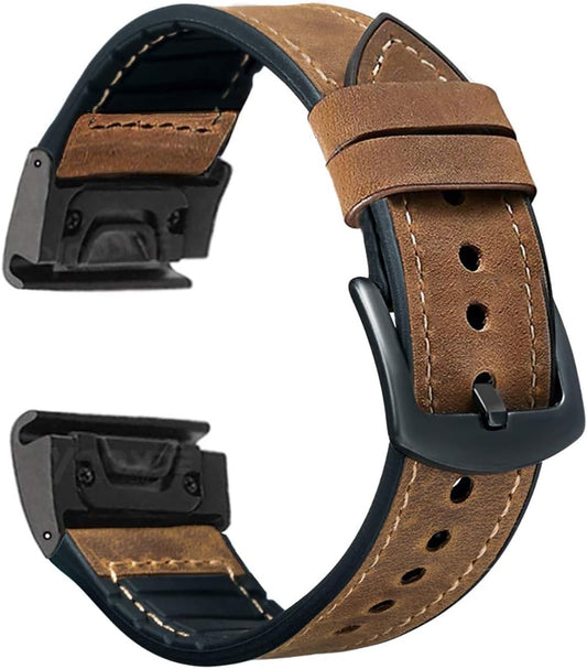 Compatible Garmin Fenix 5X / 5X plus Bands, 26Mm Quick Fit Hybrid Sport Band Vintage Leather Sweatproof Strap Wrist Band for Garmin Fenix 6X/6X Pro Bands/3/3Hr Smartwatch