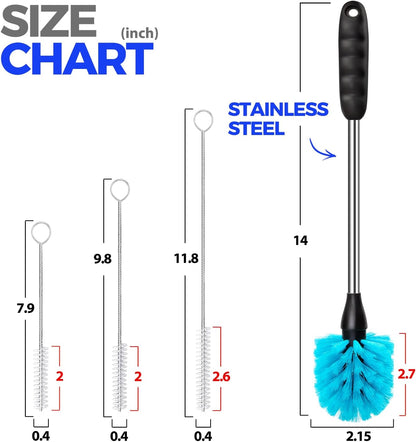 Bottle Brush Cleaner Set, 14" Long Handle Stainless Steel Bottle Cleaner Brush, 3 Straw Cleaner Brush, Bottle Cleaning Brush for Water Bottle, Cups, Abrasive Flat End Brushes, Straws Blue