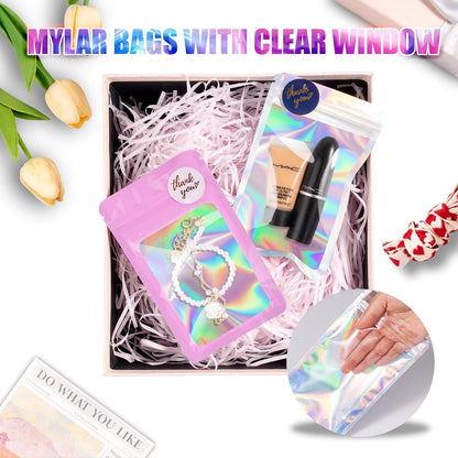 100 Pcs Mylar Bags, Resealable Holographic Bags, Sealable Packaging Bag for Small Business, Freshie Supplies, Candy Sample Jewelry Product Bag, Foil Pouch (3×3 Inch, Holographic)