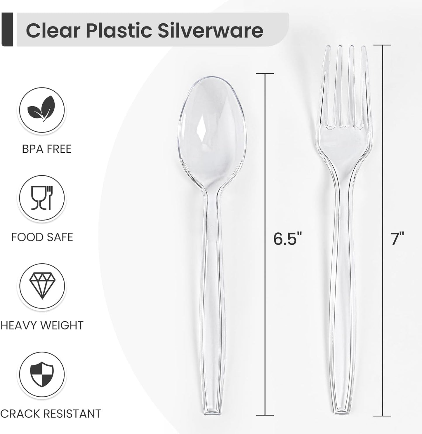 [300 Count] Plastic Silverware, Heavy Duty Plastic Forks Spoons Disposable Utensils Cutlery Set for Wedding Party Supplies Everyday Use - Clear