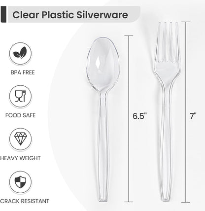 [300 Count] Plastic Silverware, Heavy Duty Plastic Forks Spoons Disposable Utensils Cutlery Set for Wedding Party Supplies Everyday Use - Clear