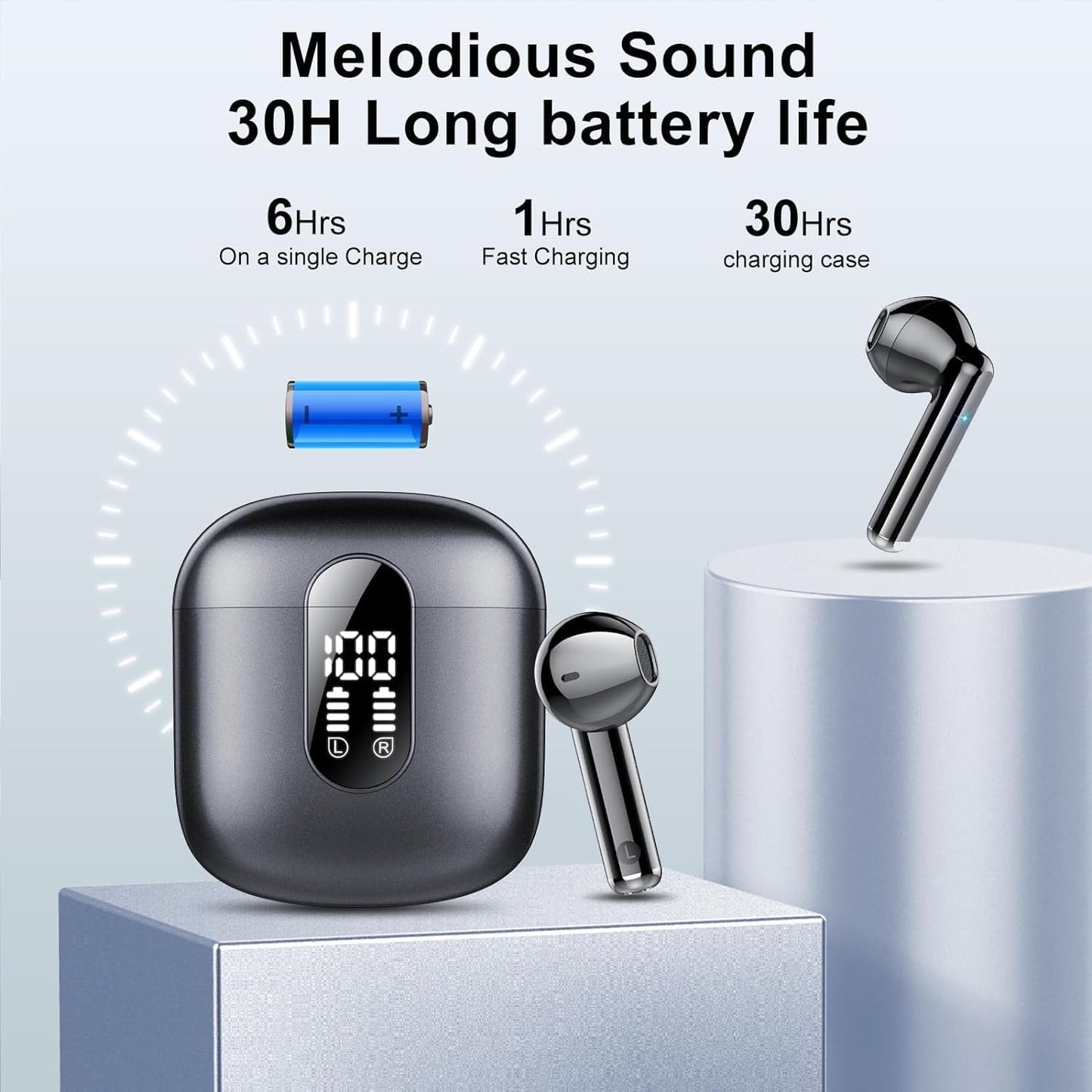 Wireless Earbuds 2024 Bluetooth 5.3 Headphones with HD Mic Hifi Stereo Sound, Wireless Earphones with Dual LED Display Touch Control, IPX7 Waterproof 30H Playtime Mini Ear Buds for Ios Android, Black