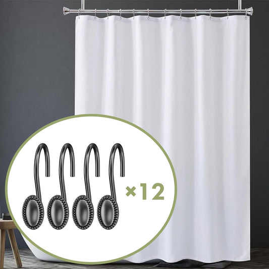 White Shower Liner Cloth Waterproof, 120G Heavy Duty with Weighted Stones and bath 12PCS Black Shower Curtain Hooks Elliptical Heavy Duty Design