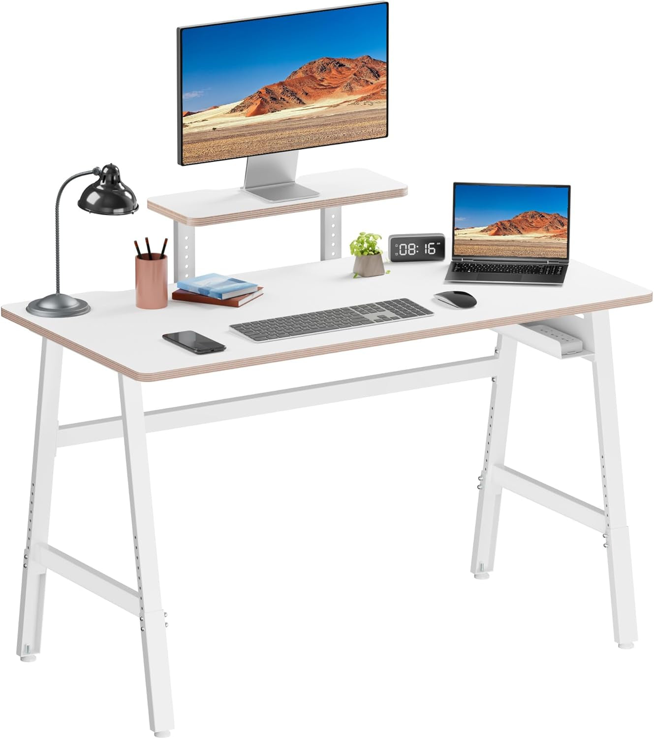 Height Adjustable Computer Desk - 47" Gaming Desk, Small Home Office Desk with Monitor Stand, Modern Simple Table Study Writing Work, Living Room Home Bedroom PC Table, Metal Frame, White