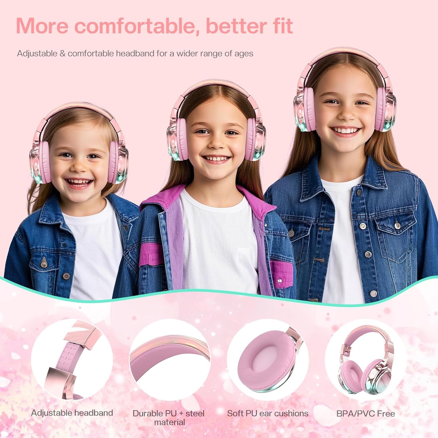 Kids Bluetooth 5.3 Headphones, Wireless Metallic Gradient Headset, Lightweight Foldable on Ear Headphones with Aux Cord, Fast Charging, Built-In Mic, for School/Travel/Tablet/Ipad