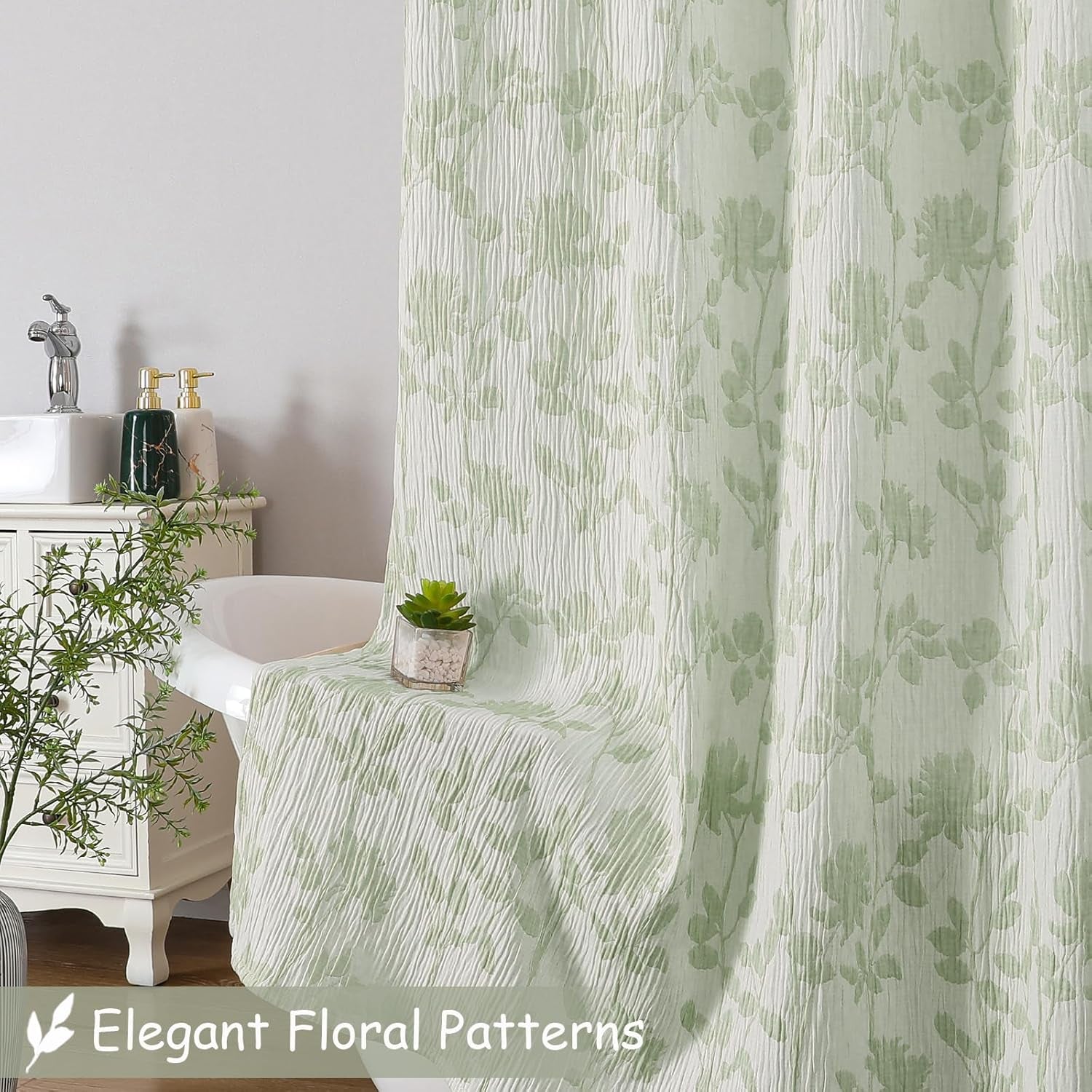 Yellow Green Stall Shower Curtain, Floral Crinkled Soft Fabric Shower Curtain for Bathroom, Modern Farmhouse Textured Cute Boho Bath Decor, Machine Washable, 36Wx72L Inches