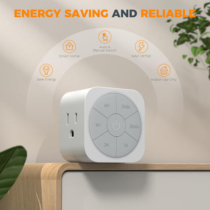 Outlet Timer Indoor 2 Pack, Countdown Timers for Electrical Outlets up to 6H for Lights, Iron, Fan, Electric Bike, Auto Shut off Switch for Home Kitchen Bedroom, 1875W