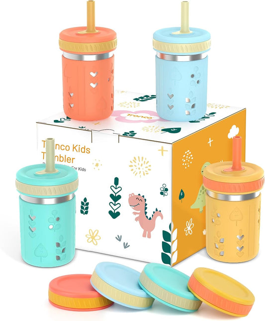 [4 Pack] 10 Oz 2-In-1 Stainless Steel Kids Tumbler Cups with Silicone Sleeves, Spill-Resistant Flexible Straws & Storage Lids, Bpa-Free Smoothie and Snack Cups, Dishwasher Safe