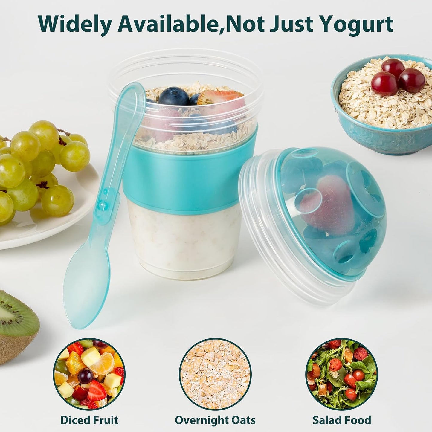 Yogurt Parfait Cups with Lids, 2 Pack 20 Oz Reusable Overnight Oats Containers with Lids, Topping Compartment & Spoon to Go for Breakfast Meal Prep, Portable & Lightweight (Blue&Green)