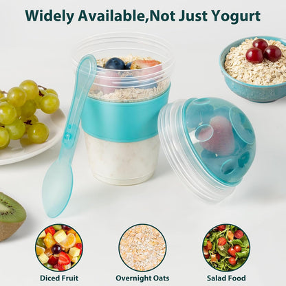 Yogurt Parfait Cups with Lids, 2 Pack 20 Oz Reusable Overnight Oats Containers with Lids, Topping Compartment & Spoon to Go for Breakfast Meal Prep, Portable & Lightweight (Blue&Green)