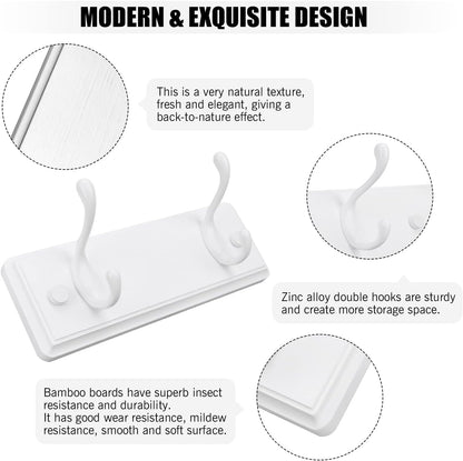 Wooden Coat Rack, Wall-Mounted Organizer for Closet, Entryway, Hallway, Foyer, Bedroom, Heavy Duty Double Hooks for Hanging Towels, Bags, Hats, Jackets, Key (White, 2 Hooks)