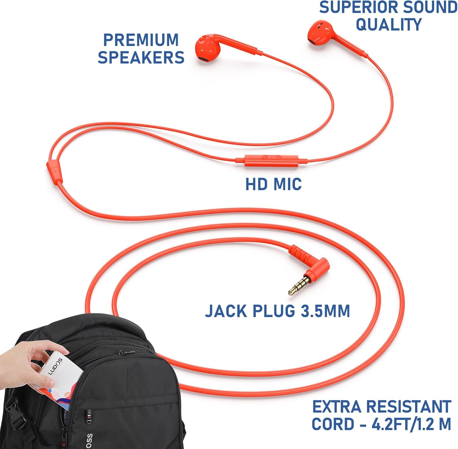Zenith Wired Earbuds In-Ear Headphones, 2 Years Warranty, Earphones with Microphone, Corded for 3.5Mm Jack Ear Buds for Iphone, Samsung, Computer, Laptop, Kids, School Students, Woman - Coral